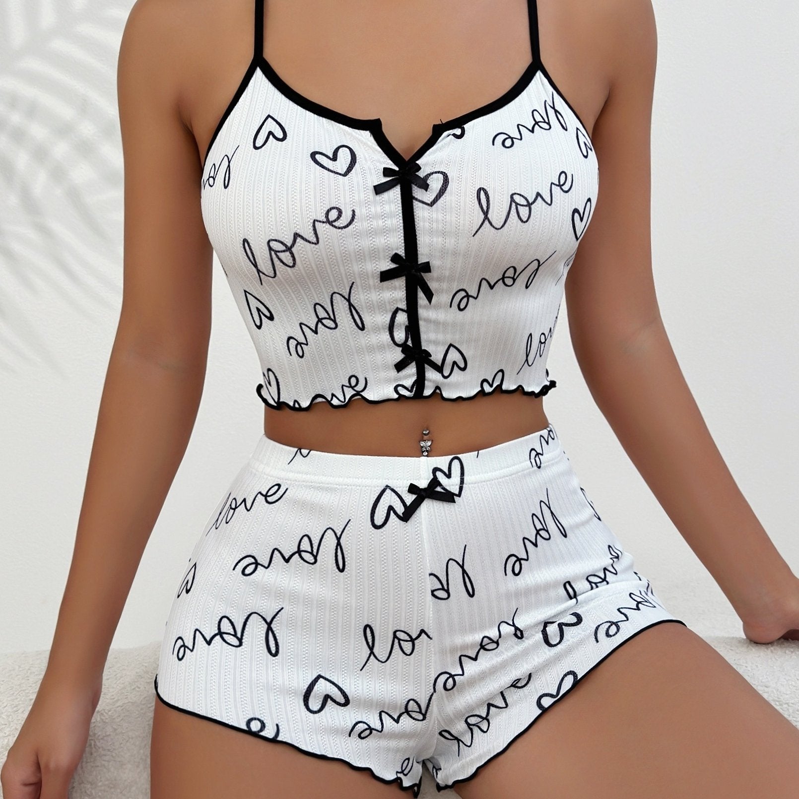 Women's Heart Print Pajama Set with Bow Knot Crop Cami Top and Elastic Shorts for Valentine's Day Sleepwear