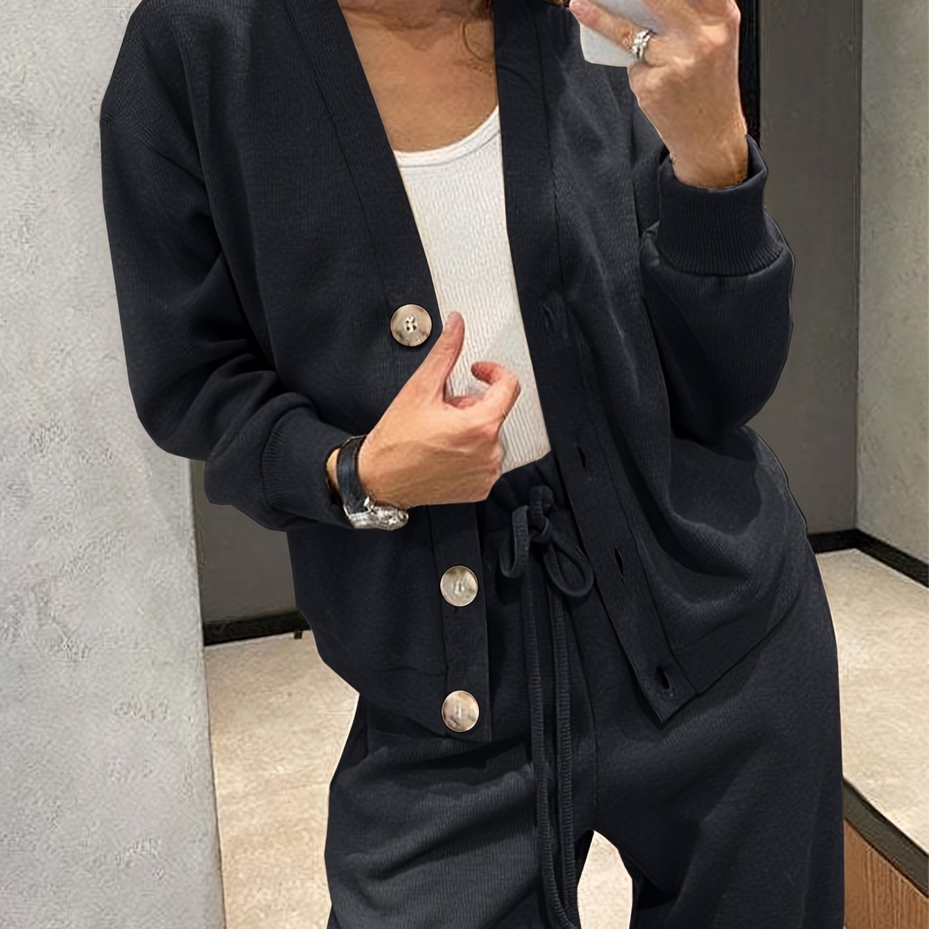 Women's Casual Long Sleeve Top and Loose Pants Outfit Polyester Solid Color All-Season