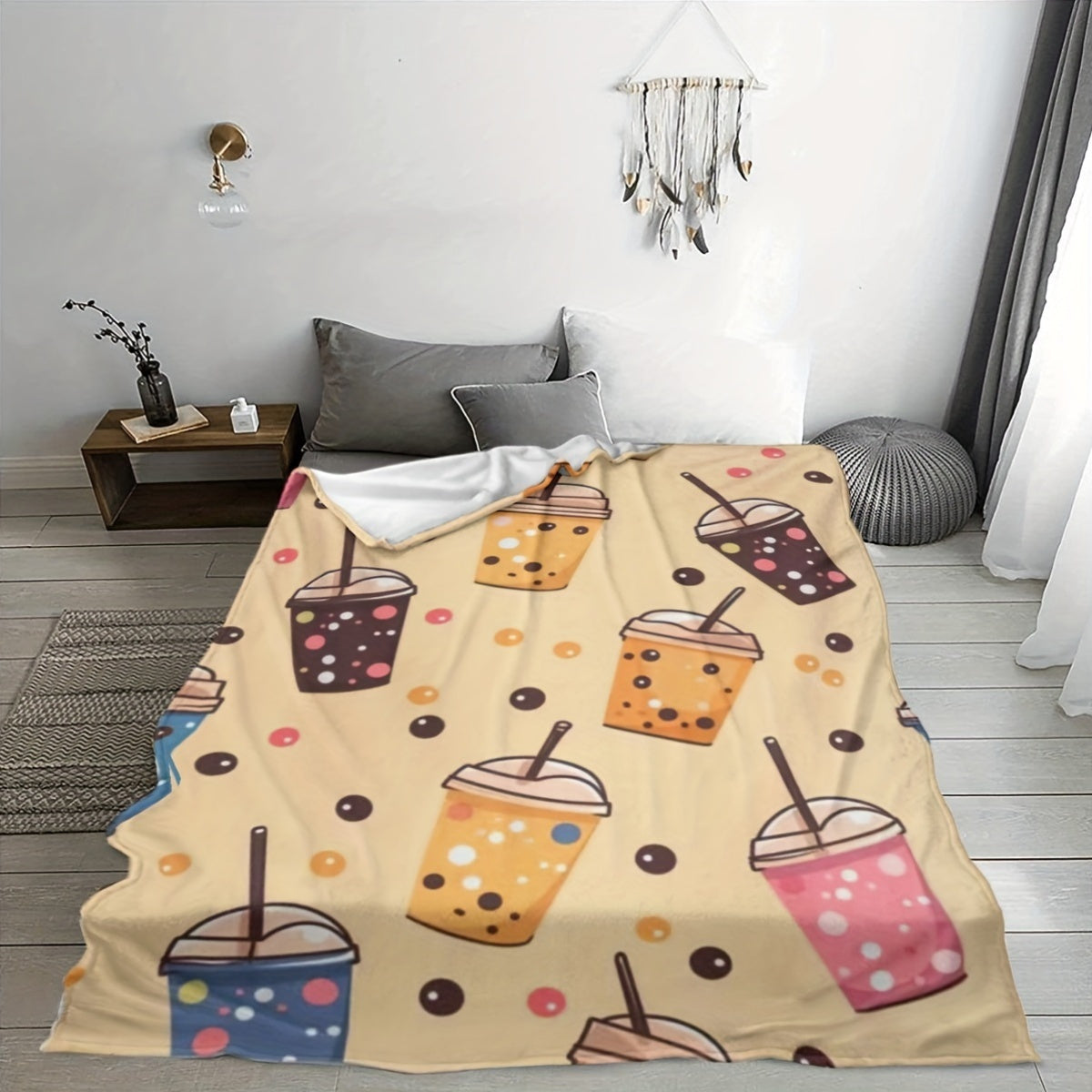 Modern Boba Tea Cartoon Bubble Pattern Flannel Throw Blanket Soft Lightweight for Bed Sofa