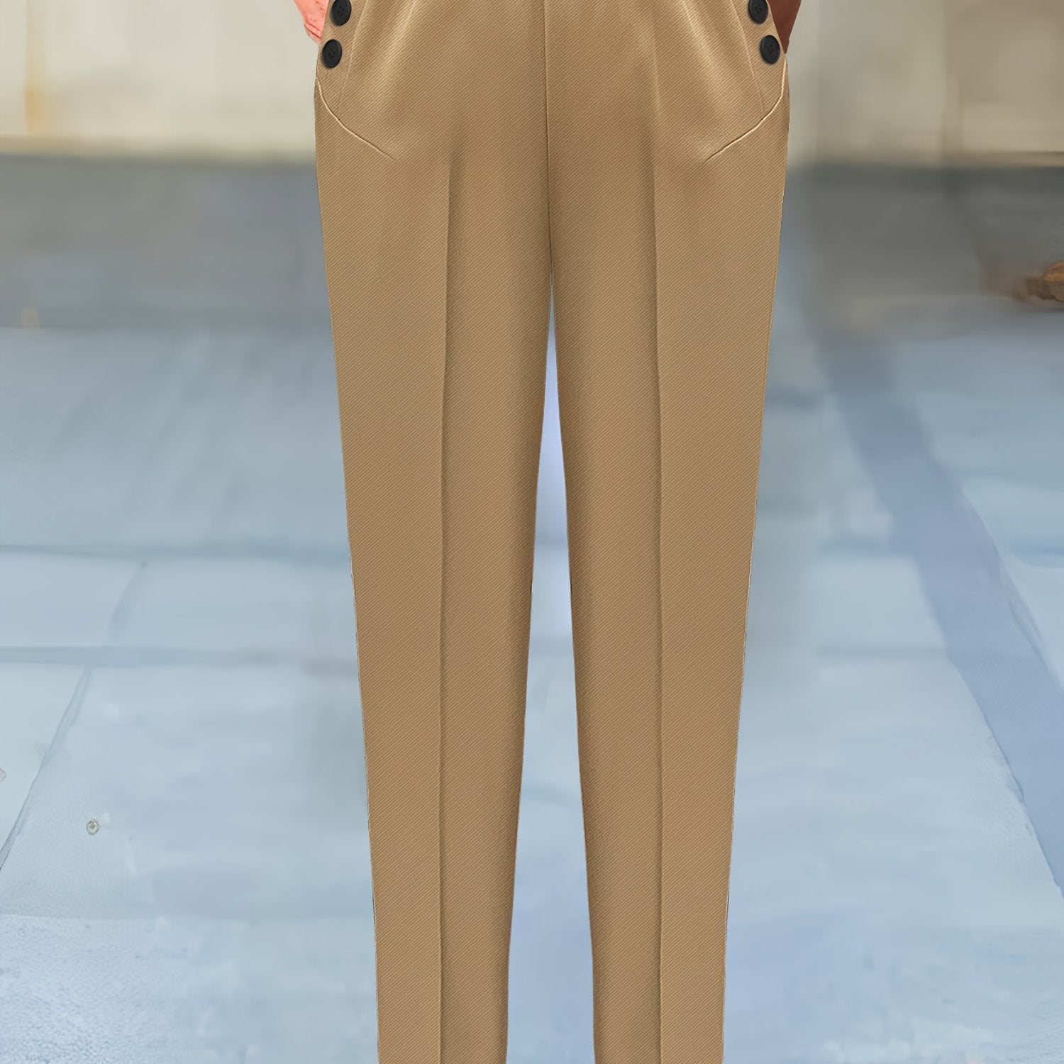 Women's Plaid Print Woven Trousers with Elastic Waist and Button Decor for Work