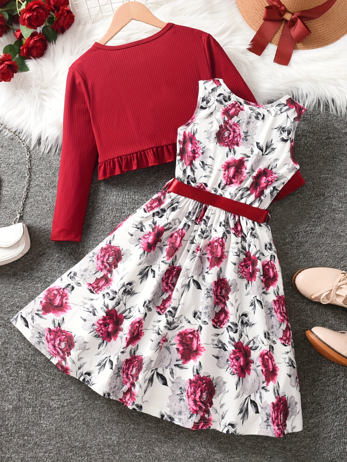 Girls' 2-Piece Floral Dress and Cardigan Set for Girls Over 3 Years Spring Fall