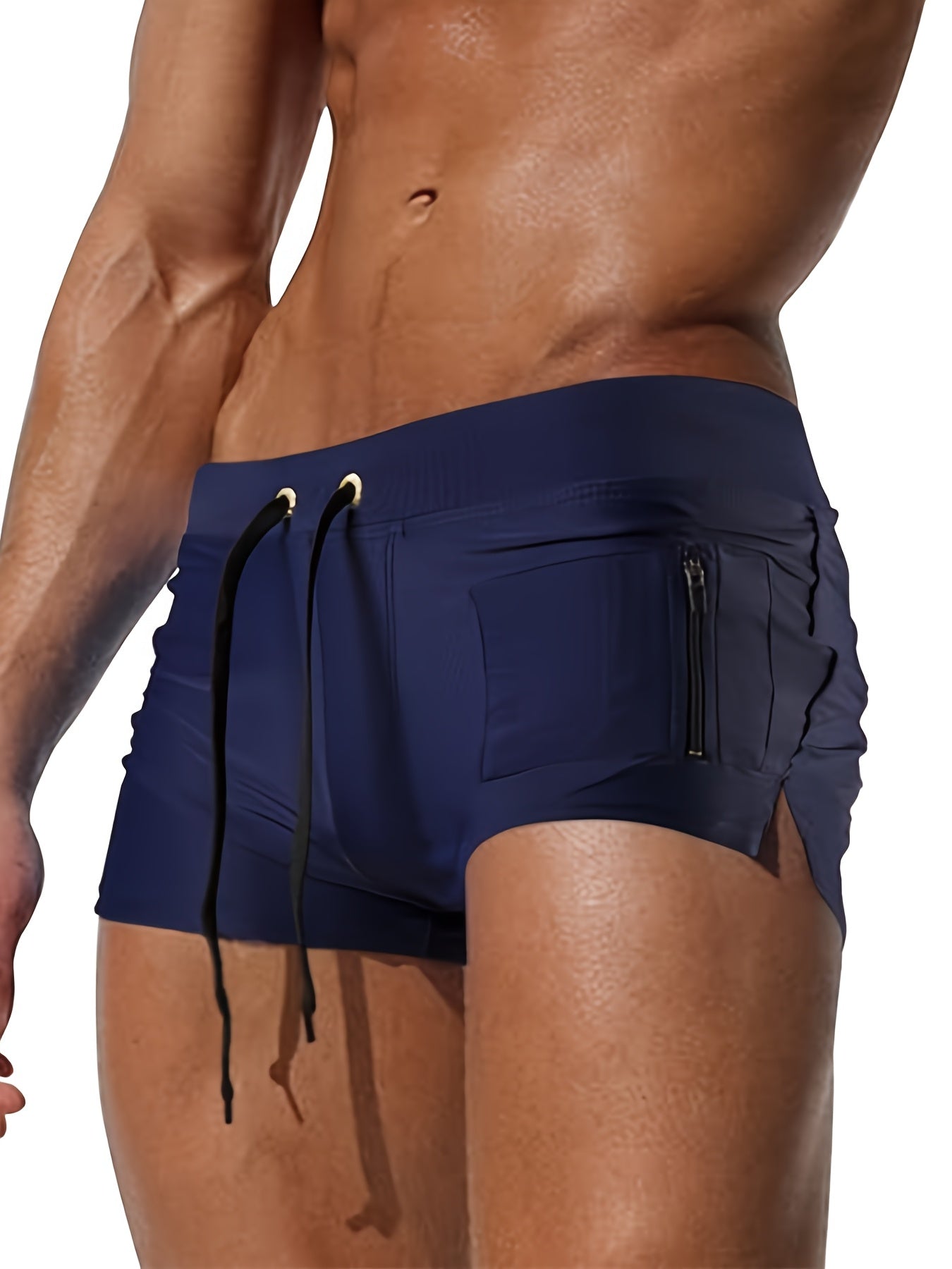 Men's Quick-Dry Swim Trunks with Zipper Pocket Stretchy Nylon Elastane Solid Color Drawstring Waist for Beach Pool