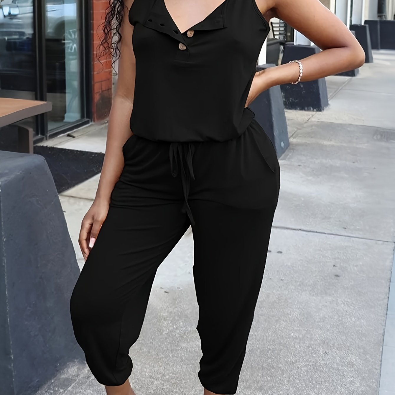 Plus Size Women's Black Casual Jumpsuit - Elastic Waist, Sleeveless, Wide-Leg