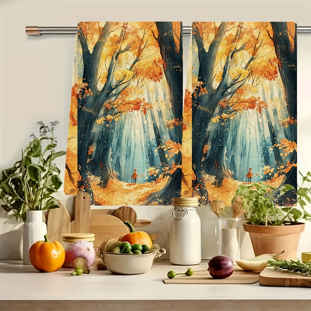 Set of 2 Autumn Forest Kitchen Towels 40x60cm High Absorption Machine Washable
