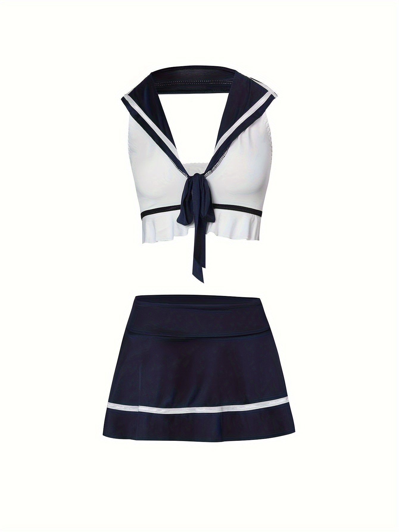 Jozibali ichki kiyim to'plami, yovvoyi rol o'ynash kostyumi, bo'yinbog'li ipli brassier va mini yubka.