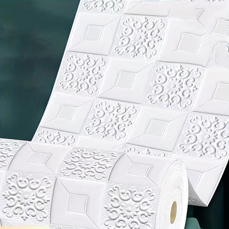 Self-Adhesive Ceiling Wallpaper 5m x 70cm Floral Geometric Grid Pattern White Gold