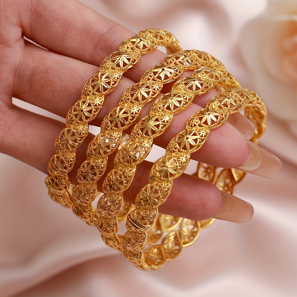 Gold Plated Hollow Cuff Bracelet with Octagonal Flower Design for Women