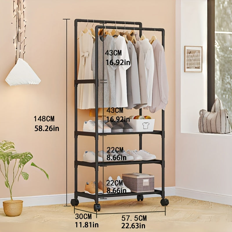 Perchero independiente con ruedas y estantes, altura de 147.98cm, organizador de ropa expandible