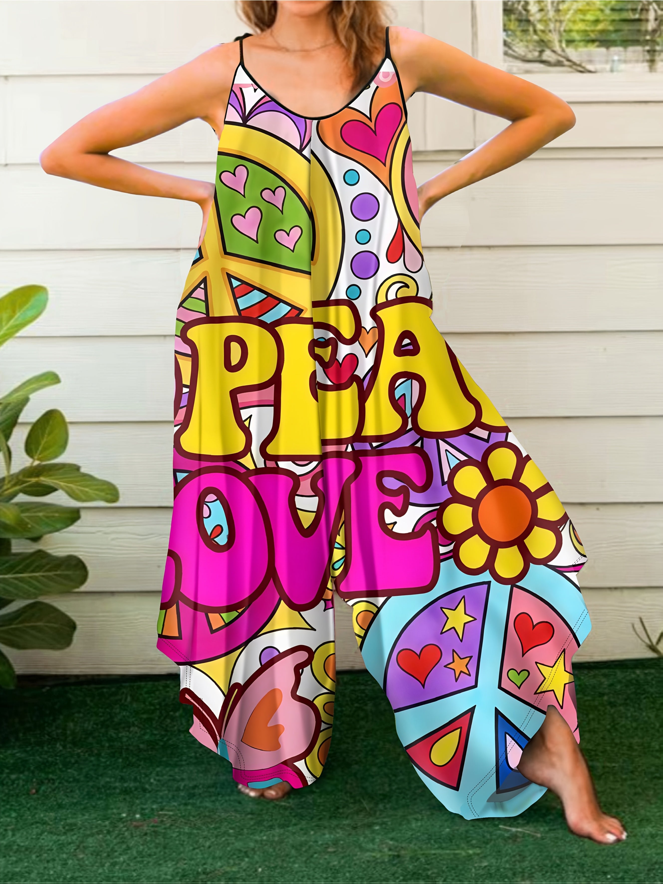 Plus Size Bohemian Print Jumpsuit Sleeveless Summer Dress Casual Vacation Dress