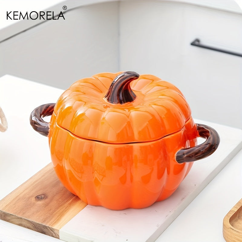 Olla de cerámica con forma de calabaza de 50oz con tapa para hornear, servir y almacenar
