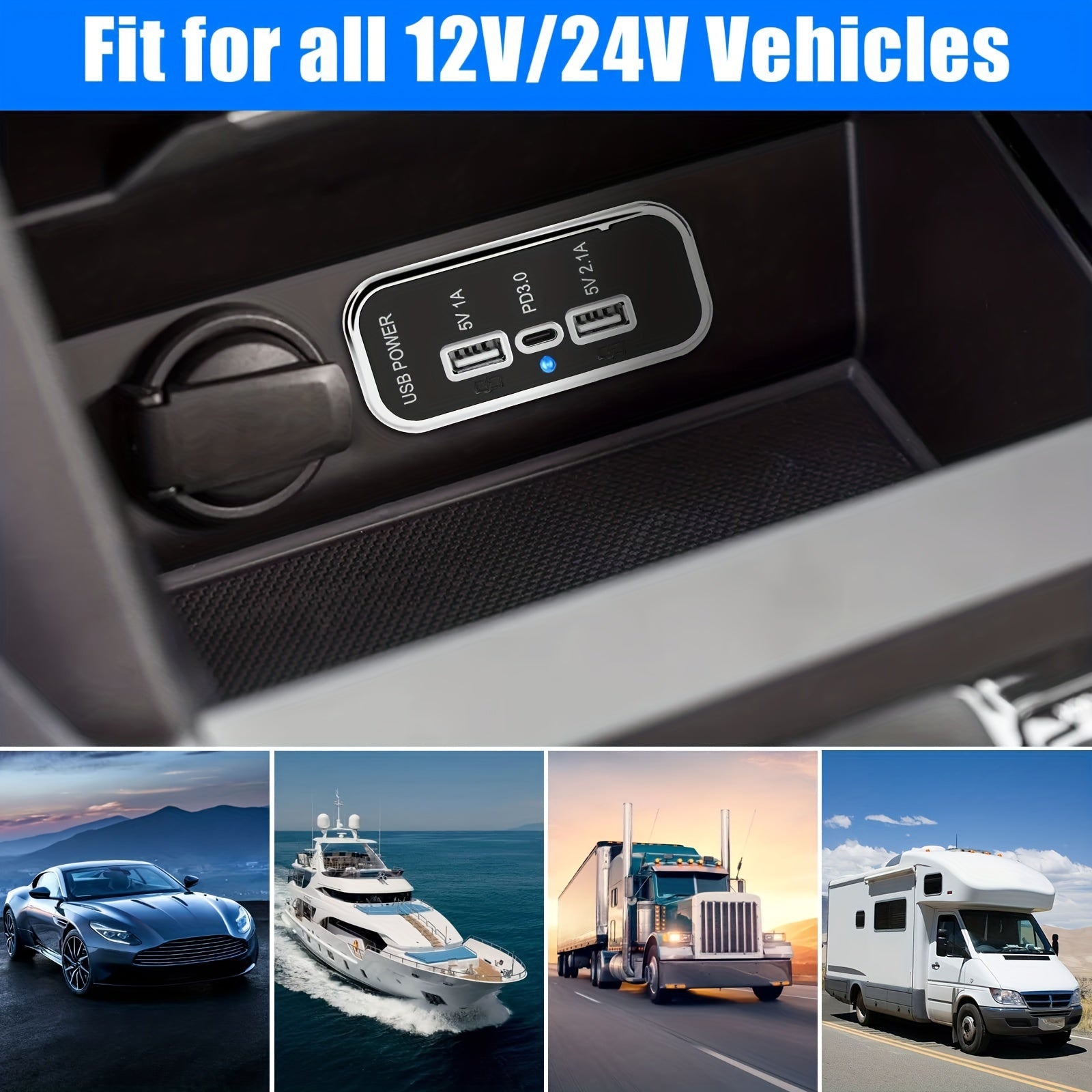 12V USB Outlet Dual USB Type C Fast Charging Car Marine Truck RV