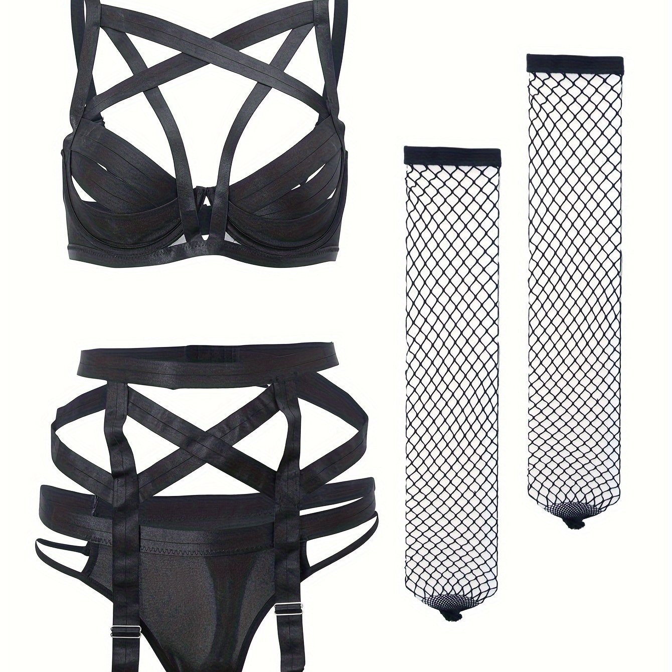 Ayollar uchun Bra, Garter Belti, Thong va Stockinglar bilan Sexy Hollow Out Lingerie Set