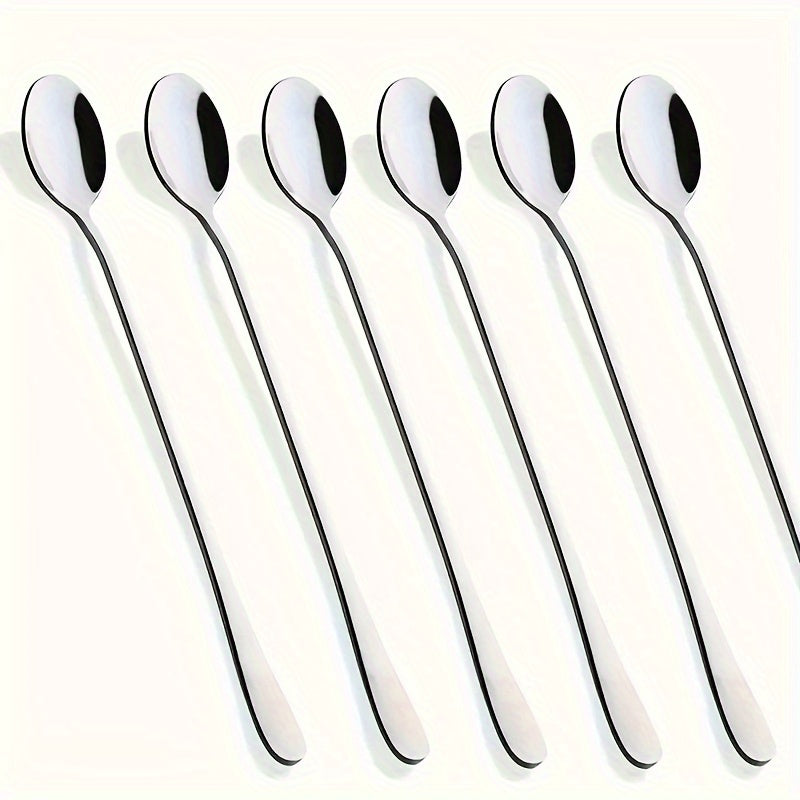 Set of 6 Long-Handled Stainless Steel Iced Tea Spoons for Cocktails and Coffee