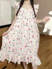 Camisón de mujer con estampado de conejito y flores, mangas con volantes, escote cuadrado, verano, poliéster