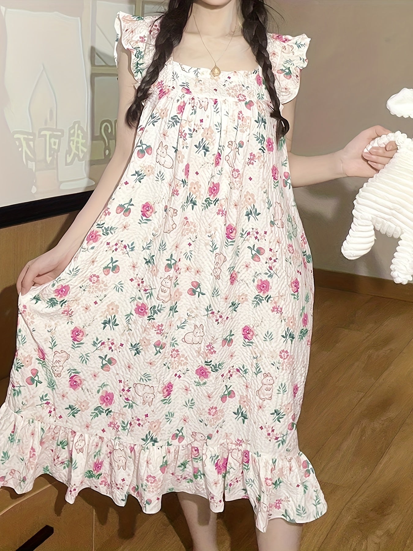 Camisón de mujer con estampado de conejito y flores, mangas con volantes, escote cuadrado, verano, poliéster