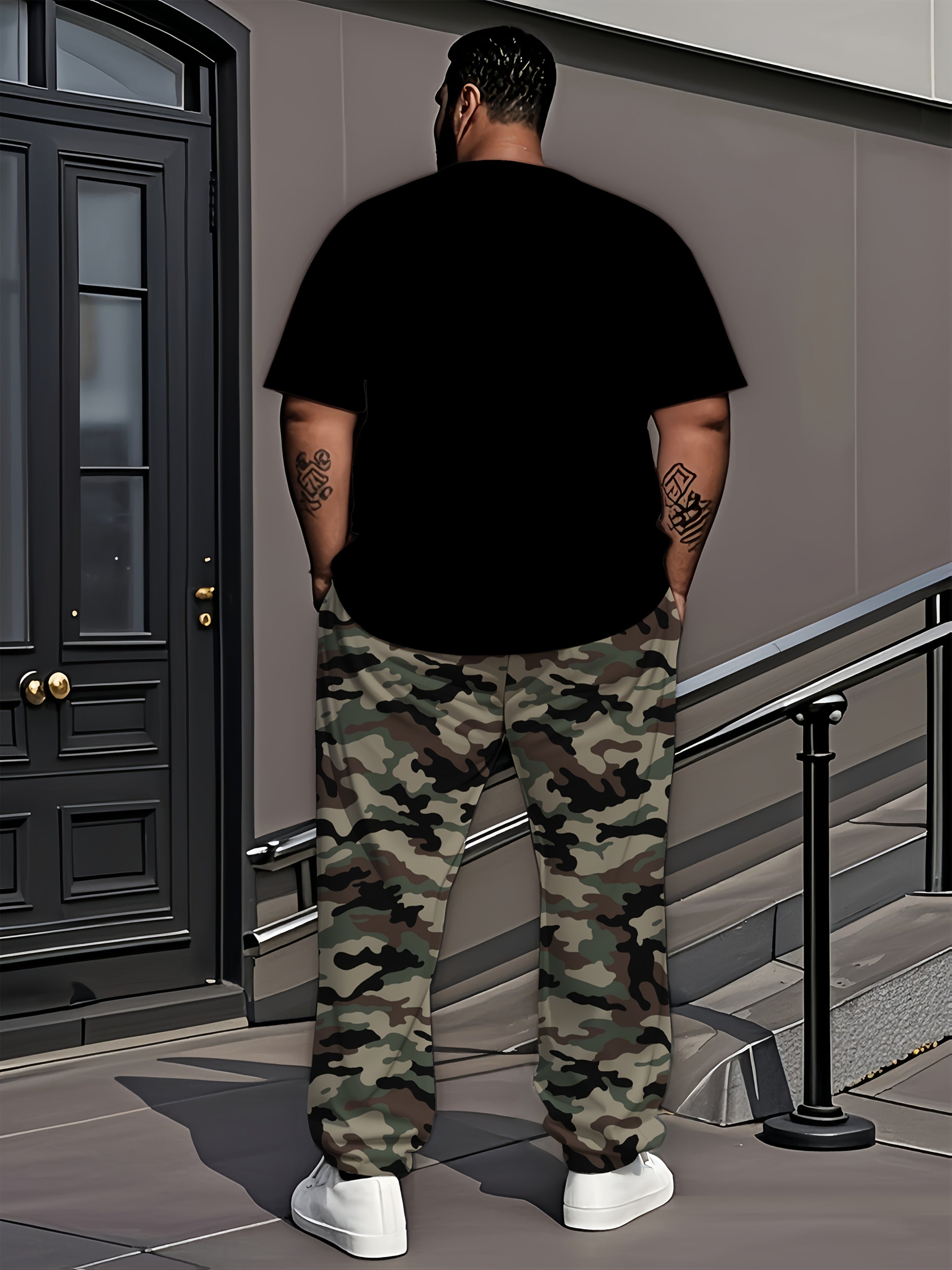 Men's Plus-Size Camouflage Activewear Set Short-Sleeve Top and Long Pants Polyester Stretch Outdoor Sports