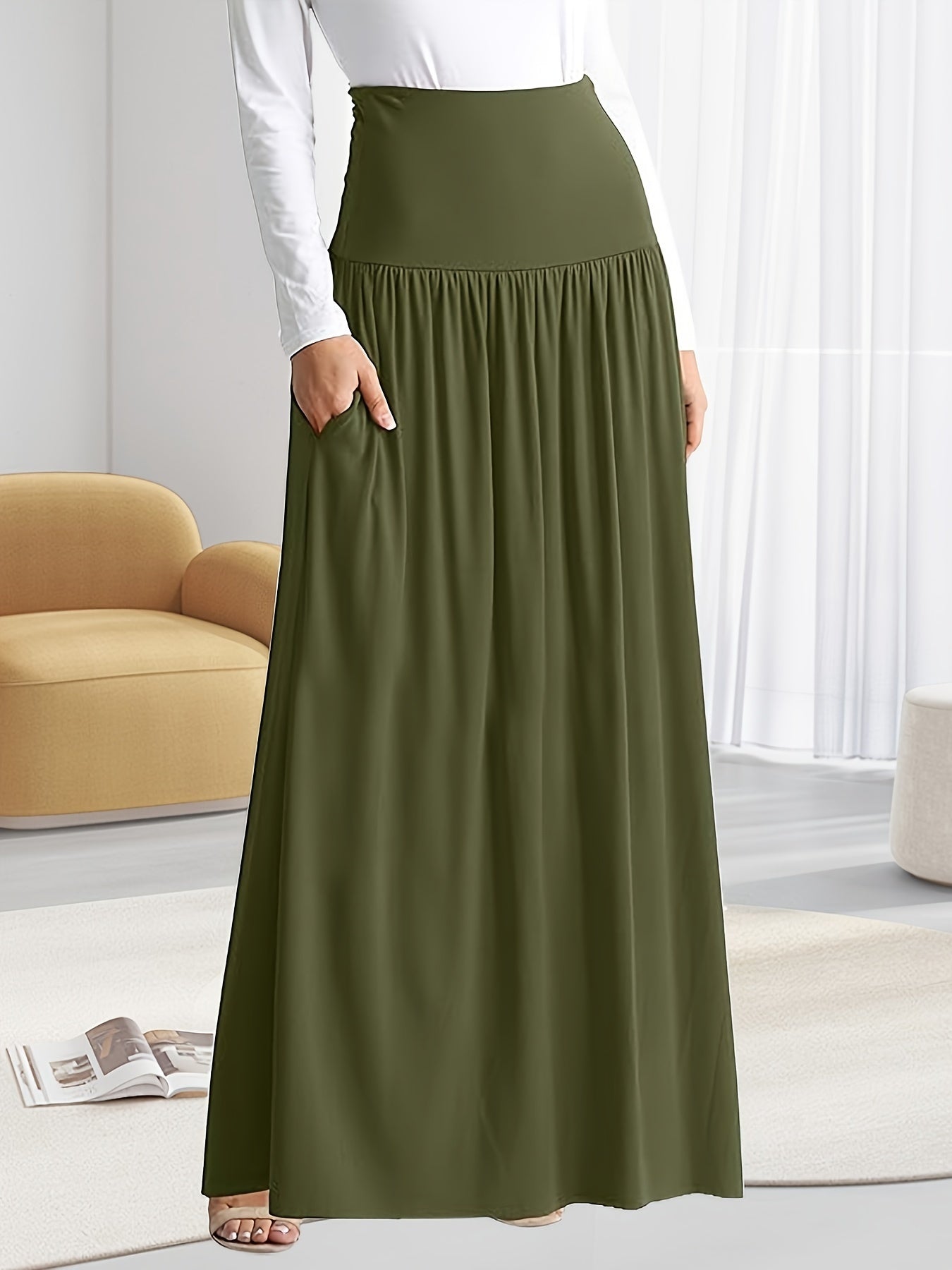 Women's Plus Size Ruched High Waist Maxi Skirt Casual Spring Summer