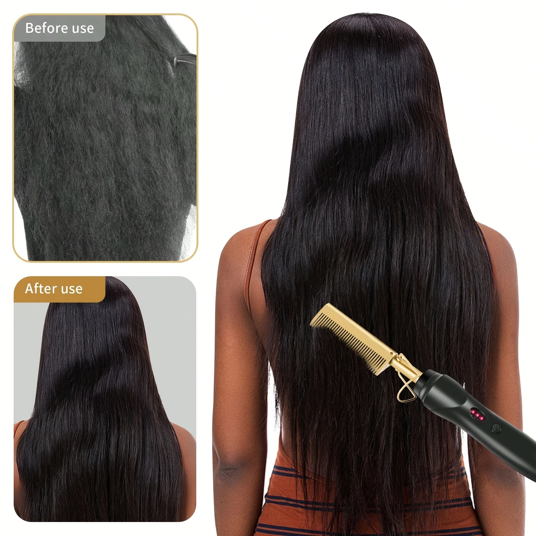 Electric hot comb for curly and straight hair copper finish multi-functional with auto shut-off ionic tech heat protection portable