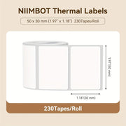 NIIMBOT B1/B21/B3S uchun mos termal transfer yorliqlari, 50x30mm, 230 yorliq/rolik, suv o'tkazmaydigan, yog'ga chidamli, oq PVC lenta, 1 rolik