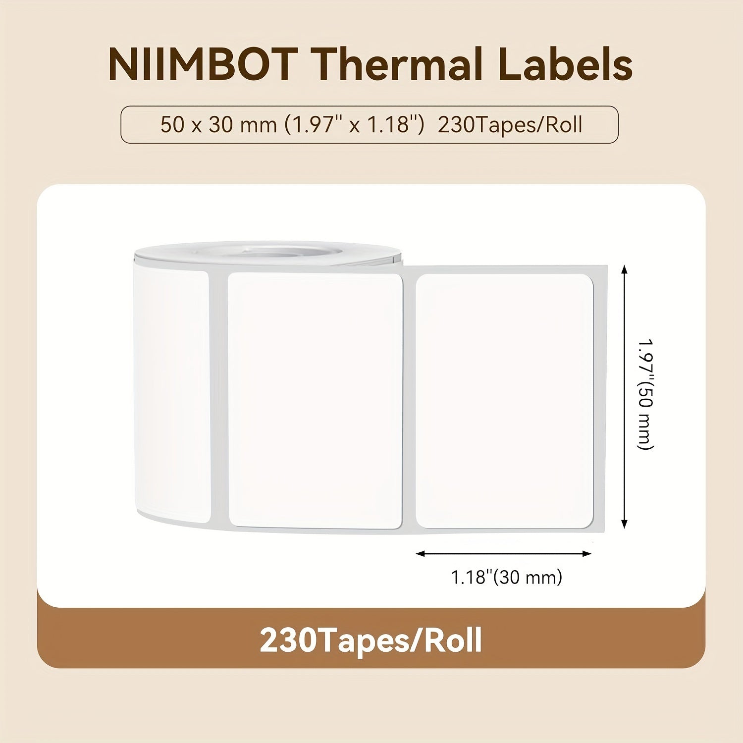 NIIMBOT B1/B21/B3S uchun mos termal transfer yorliqlari, 50x30mm, 230 yorliq/rolik, suv o'tkazmaydigan, yog'ga chidamli, oq PVC lenta, 1 rolik
