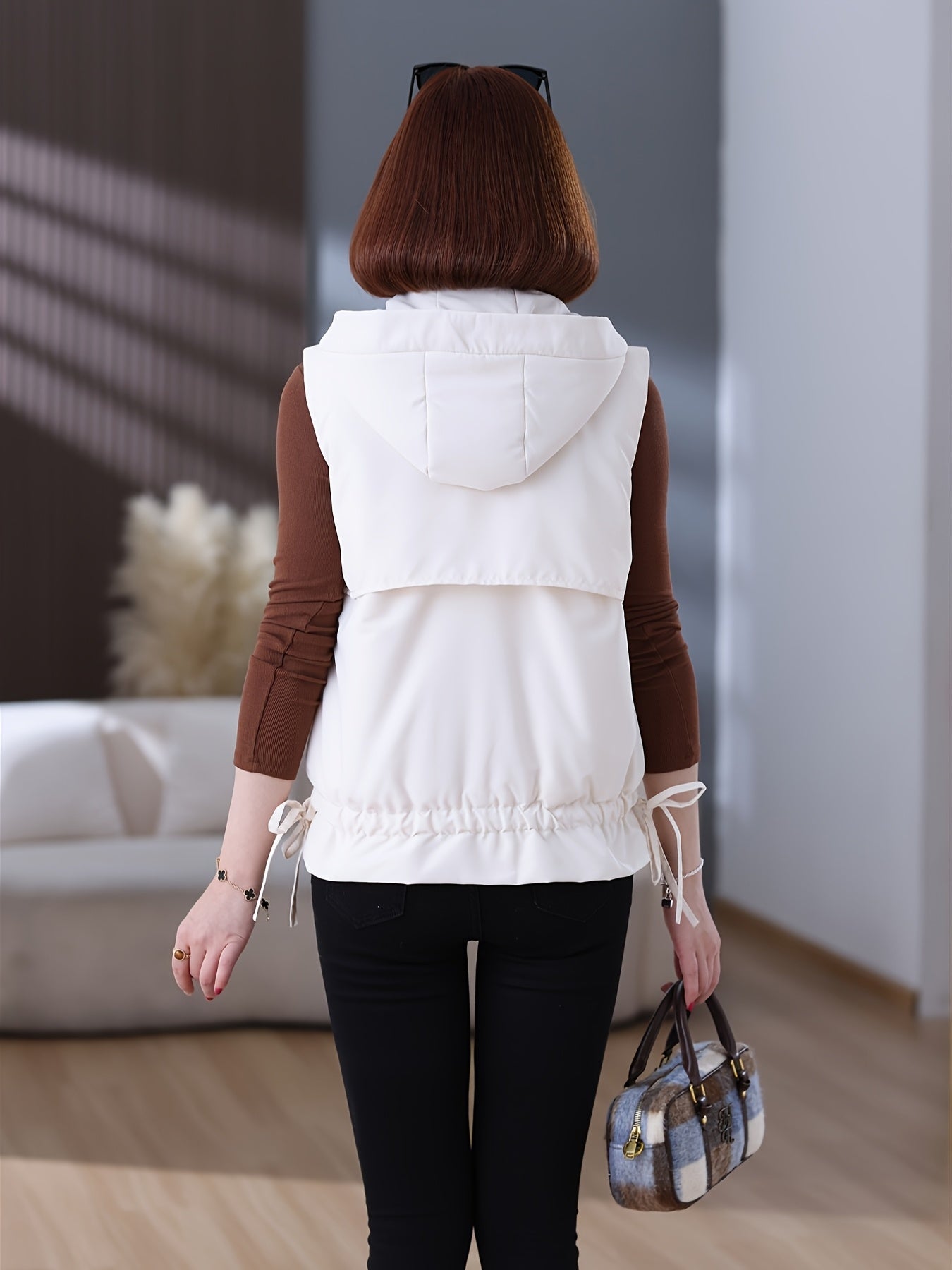 Women's Beige Hooded Puffer Vest Casual Warmth Polyester Lined