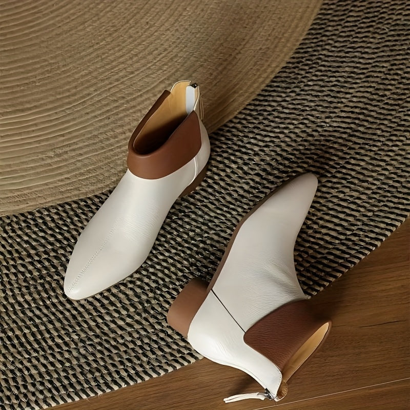 Women Ankle Boots Faux Cover Leather Mid-Heel Side Zipper Pointed Toe