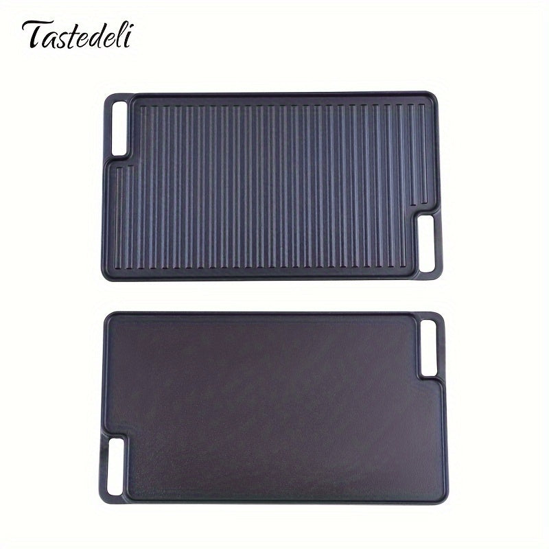 Tastedeli 45.72x25.4sm oldindan tayyorlangan quyma temir ikki tomonlama gril/griddle bilan tanishing! Tashqi sayohatlar, pikniklar va BBQlar uchun ideal - TASTEDELI