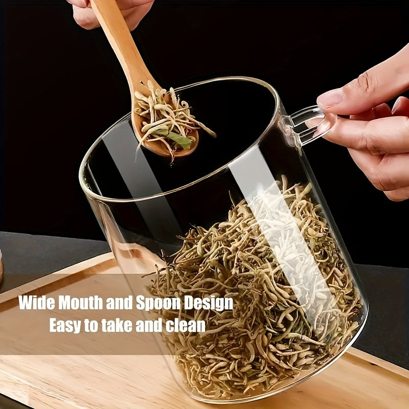 Tarro de almacenamiento de vidrio hermético con tapa de bambú y cuchara para especias de cocina, arroz, café, caramelos