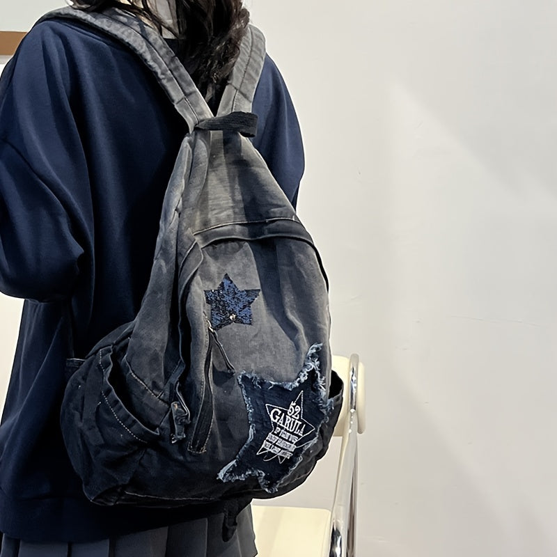 Yuvilgan Gradient Denim Elka Sumkasi, Qizil Yulduz Patch bilan, Ayollar uchun Katta Hajm