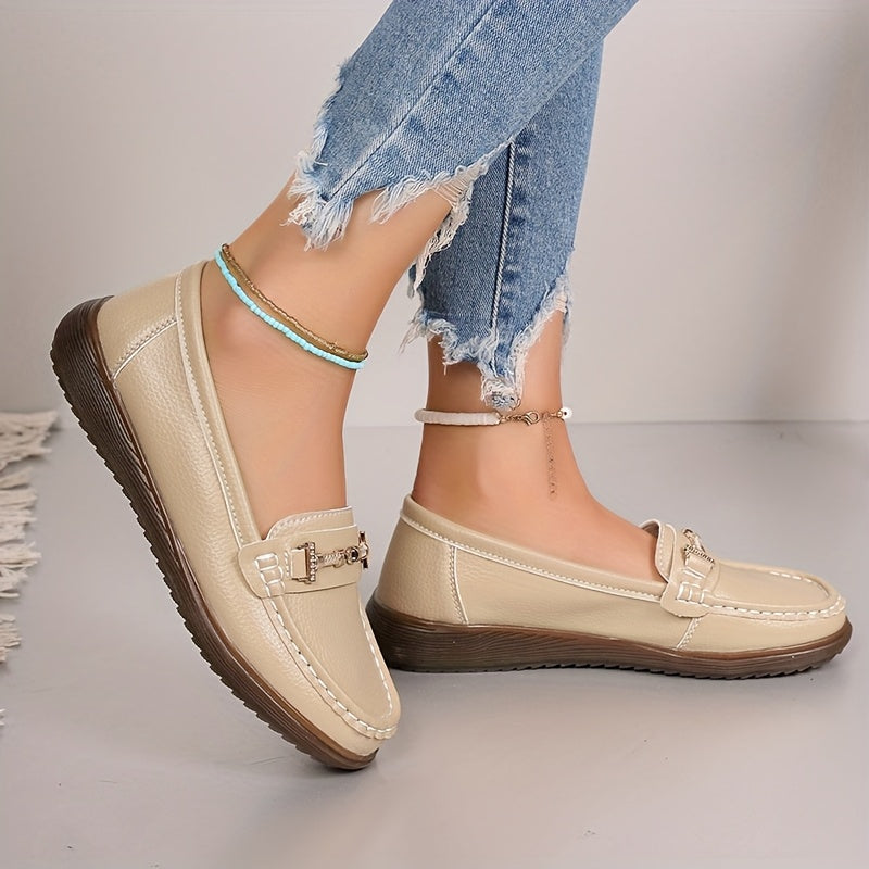 Women's Pu Cover Loafers with Metal Buckle Non-Slip Casual Shoes