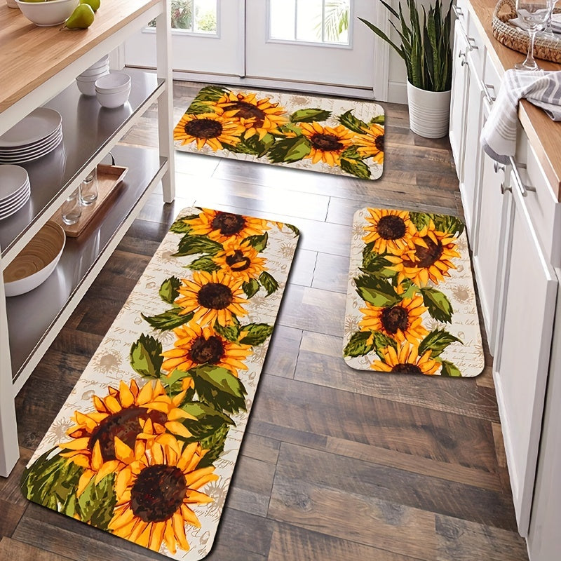 Sunflower Print Kitchen Floor Rug Water-Resistant Machine Washable Entrance Doormat