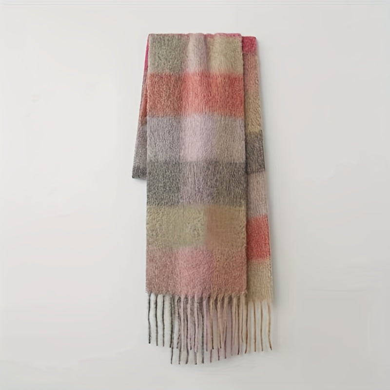 Rainbow-colored Boho Plaid Scarf with Tassels: Chunky, Imitation Tassel Shawl for Neck Warmth in Autumn and Winter. Features a Long Neckerchief Design.