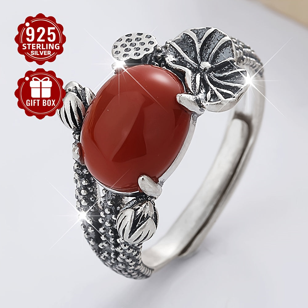 Sterling Silver Ring with Red Agate Lotus Leaf Design for Women and Daily Wear
