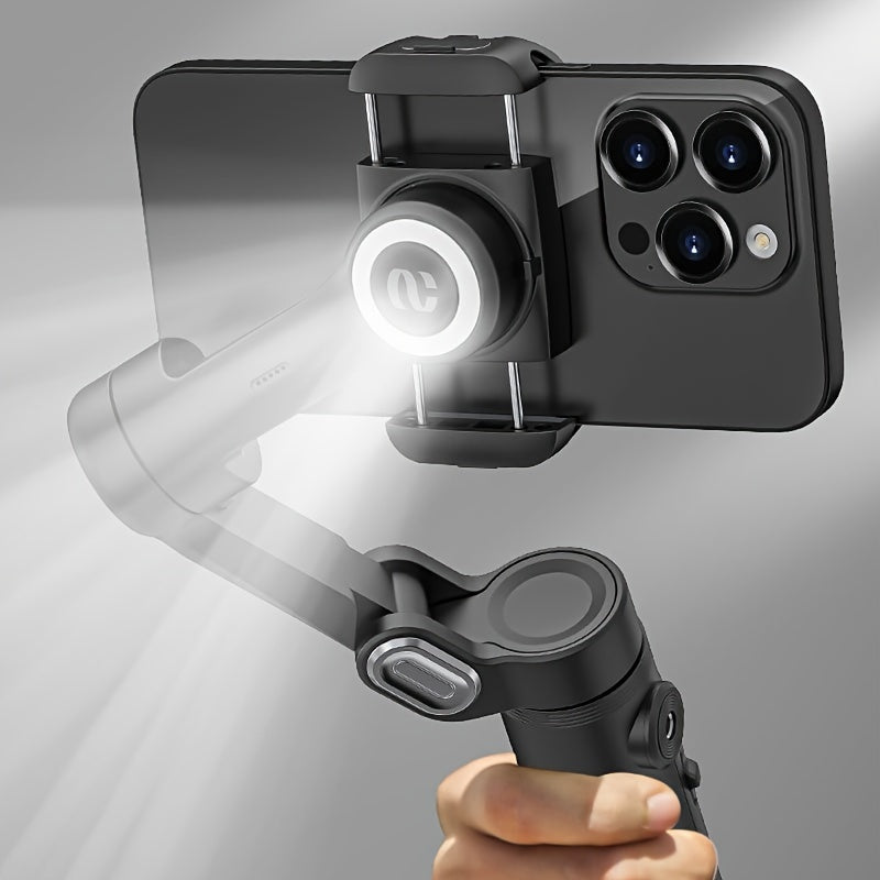 Estabilizador de gimbal para smartphone con luz LED integrada, plegable de 3 ejes para vlogging en iPhone y Android