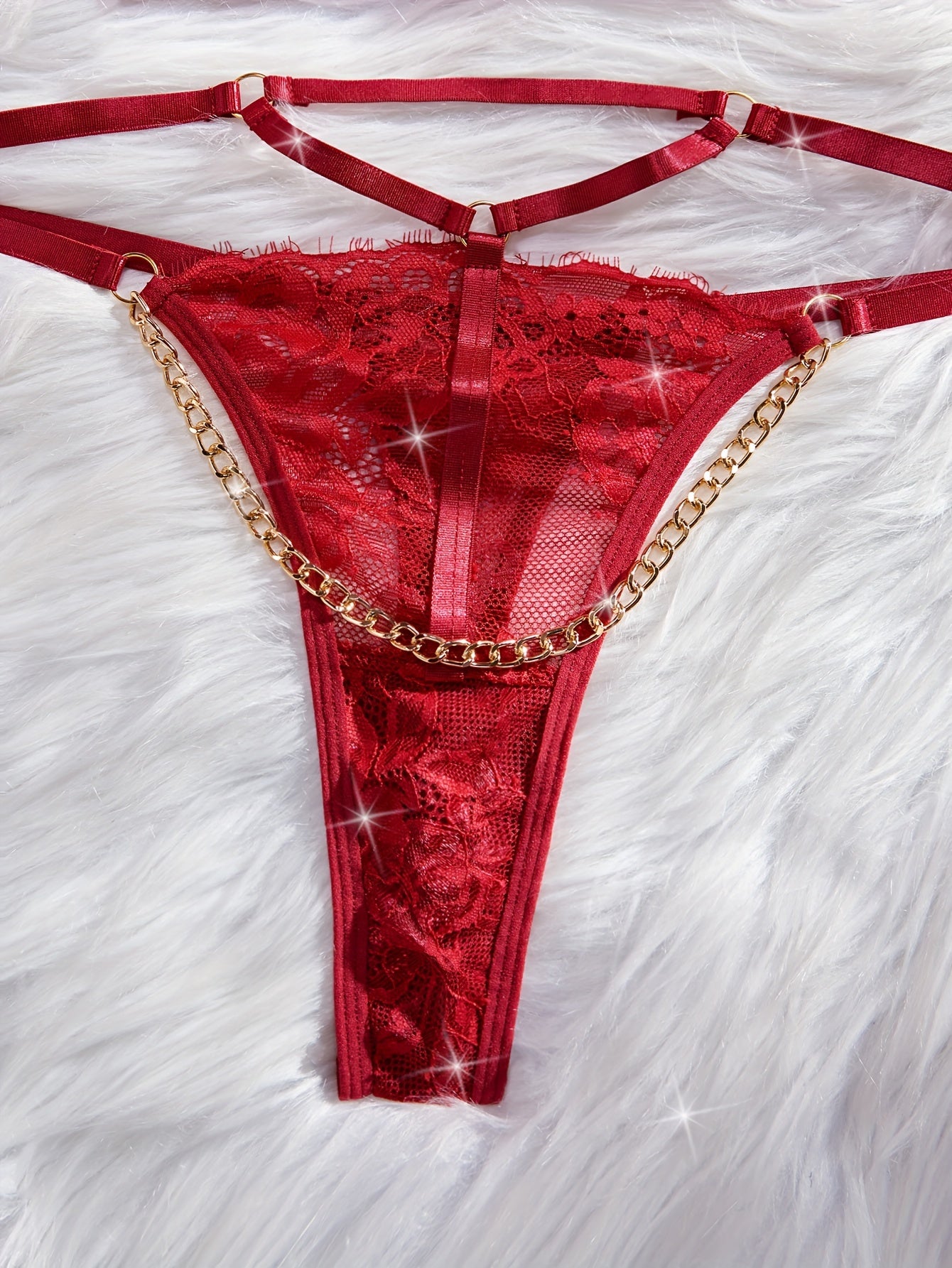 Lingerie Set with Floral Eyelash Lace, Gold Chain Bra, Hollow Thong and Chain Neck Ring