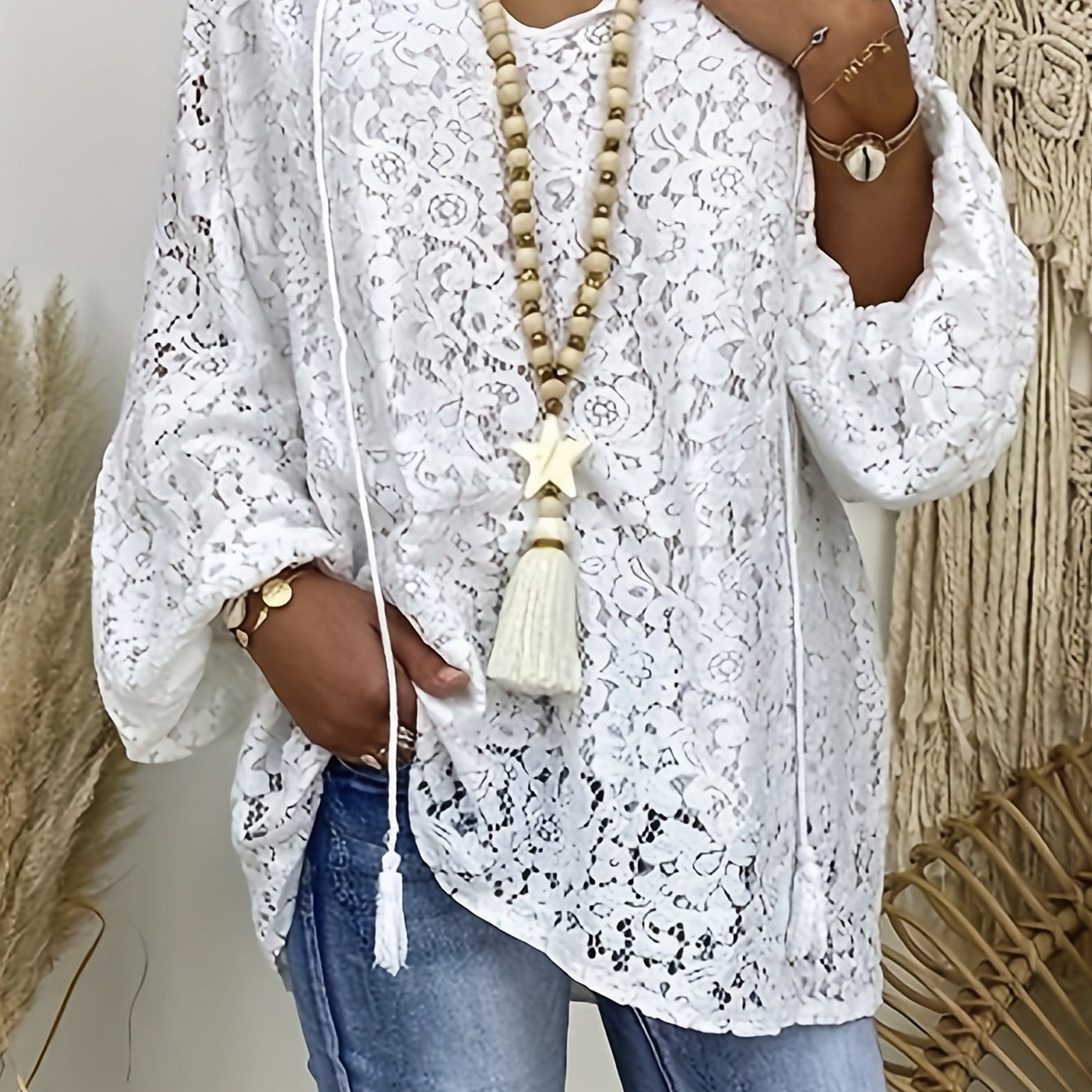 Plus Size Boho Lace Lantern Sleeve Blouse with Tassel Trim