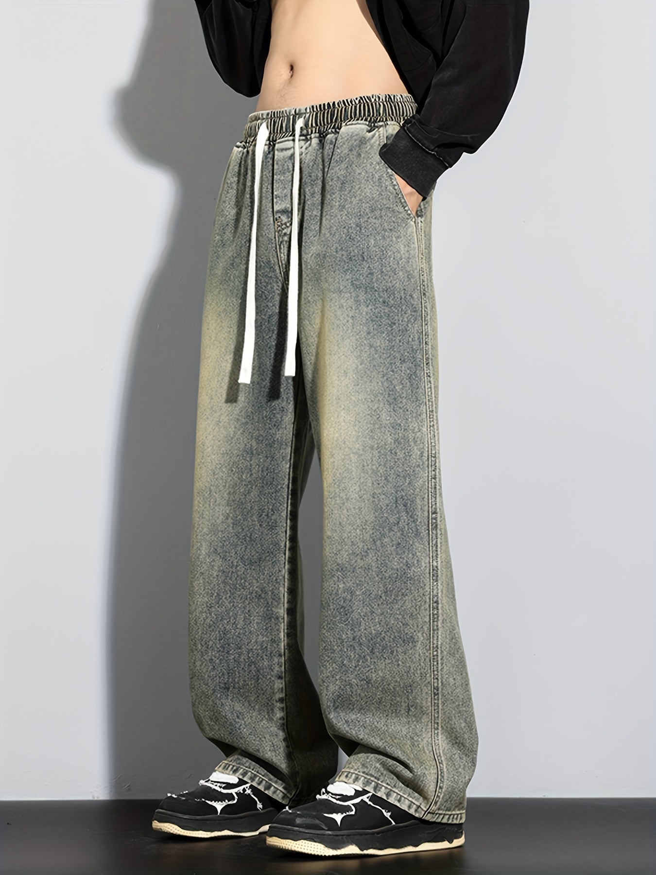 Мужские повседневные свободные джинсы с эластичным поясом из стёганого денима, без растяжения, доступны в 5 цветах