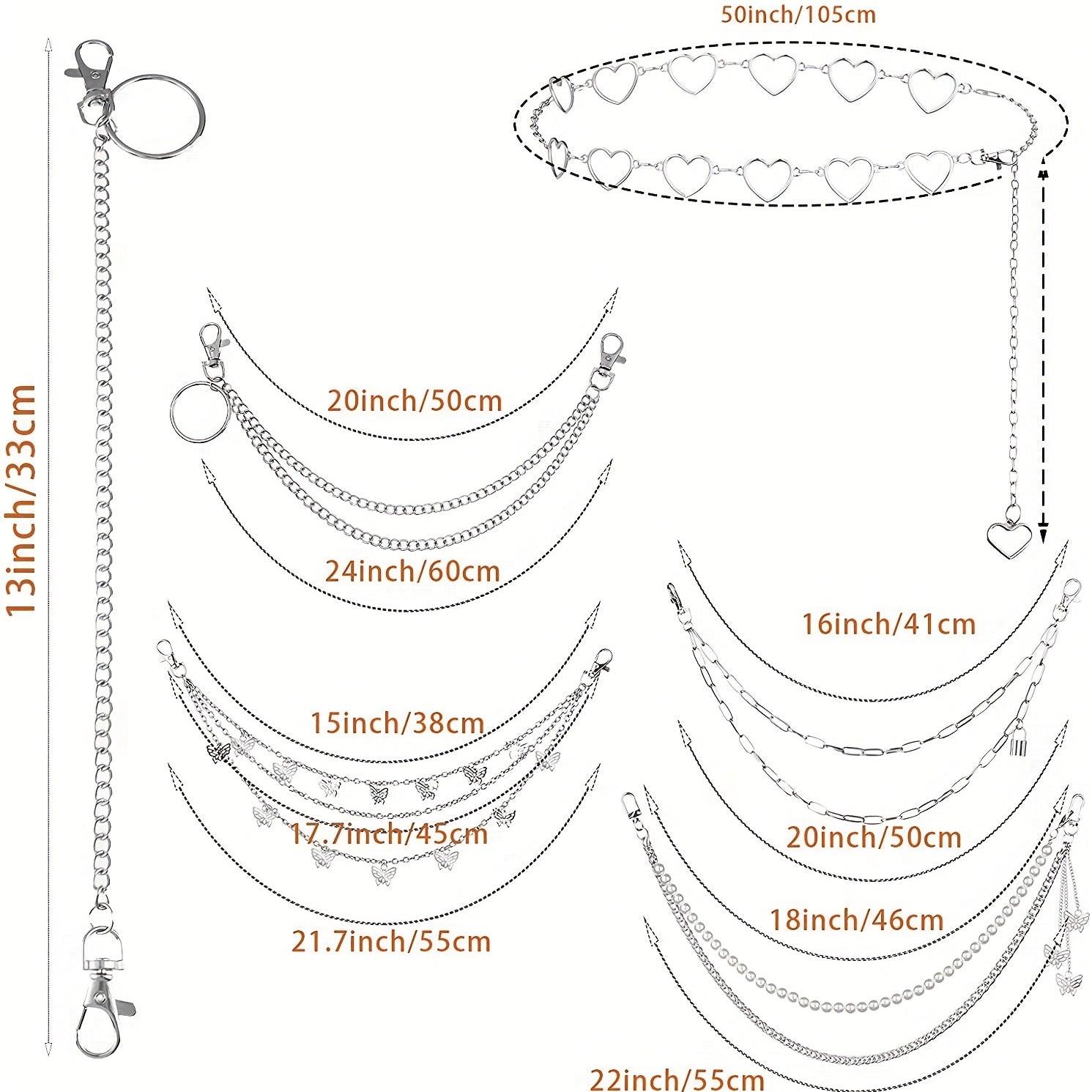 Pantalones de mezclilla punk para hombres y mujeres con cadena en la cintura y cadenas de múltiples capas de hip-hop