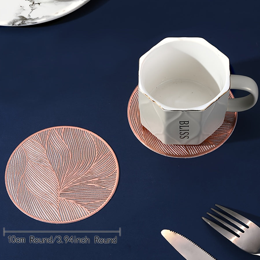 6 PVC Round Leaf Pattern Place Mats Heat Resistant Non-Slip for Dining and Events