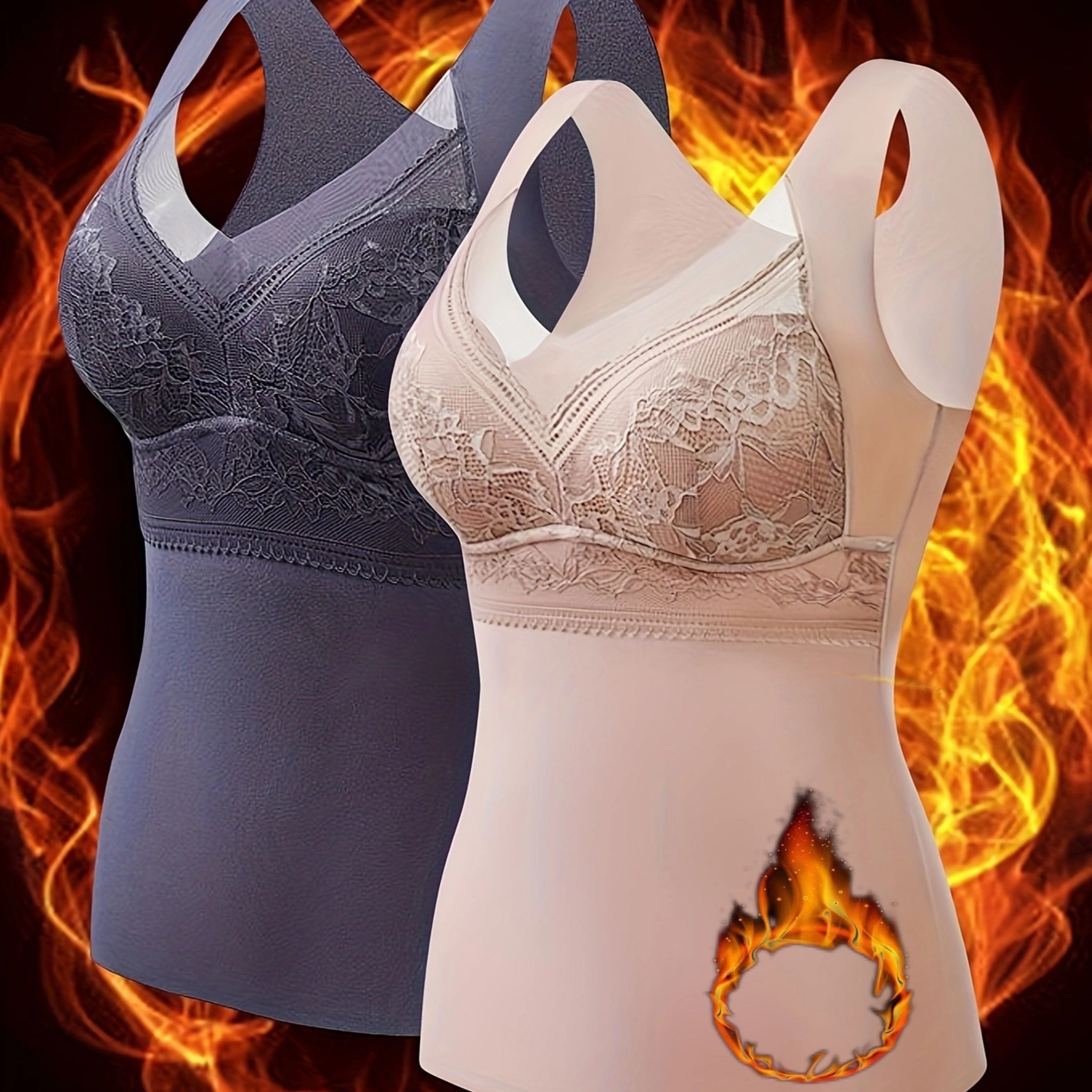 Women's Thermal Velvet Camisoles 2-Pack with Built-in Bra Lace V-Neck Fleece Lined Black Beige