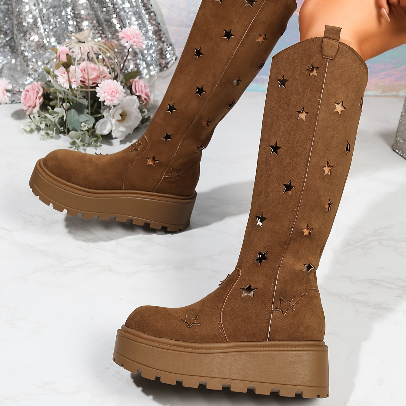 Women's Spring Ankle Boots Rubber Platform Slip-On Beige Star Embellishments