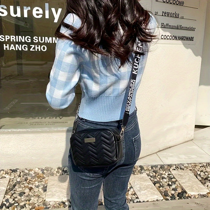 Women's Crossbody Bag Faux Leather Stain-Resistant Zippered Camera Style in Black White Khaki