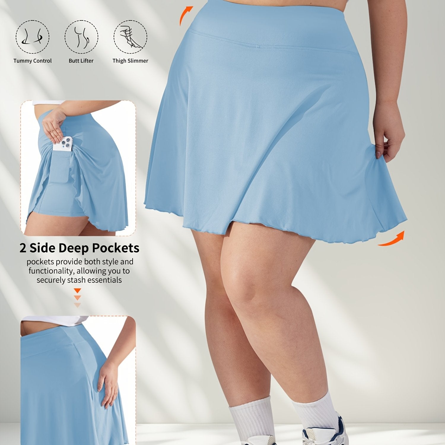 Plus Size Women's Tennis Skirt with Pockets, Green, High Stretch, Athletic Fit