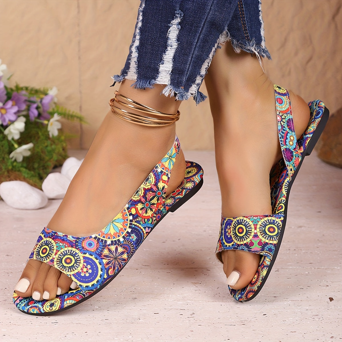 Women's Bohemian Floral Flip Flops Open Toe Slip-On Sandals