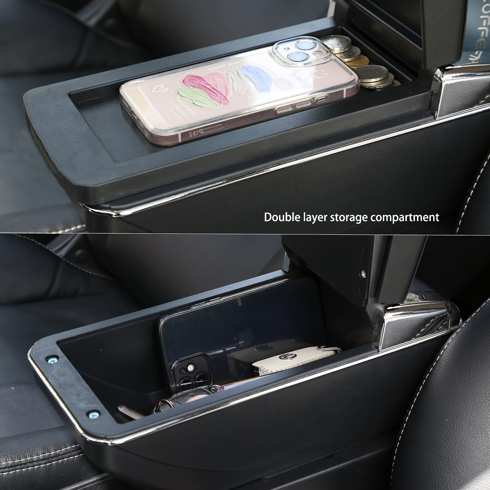 Car Interior Center Console Armrest Box With Cup Holder And Removable Tray