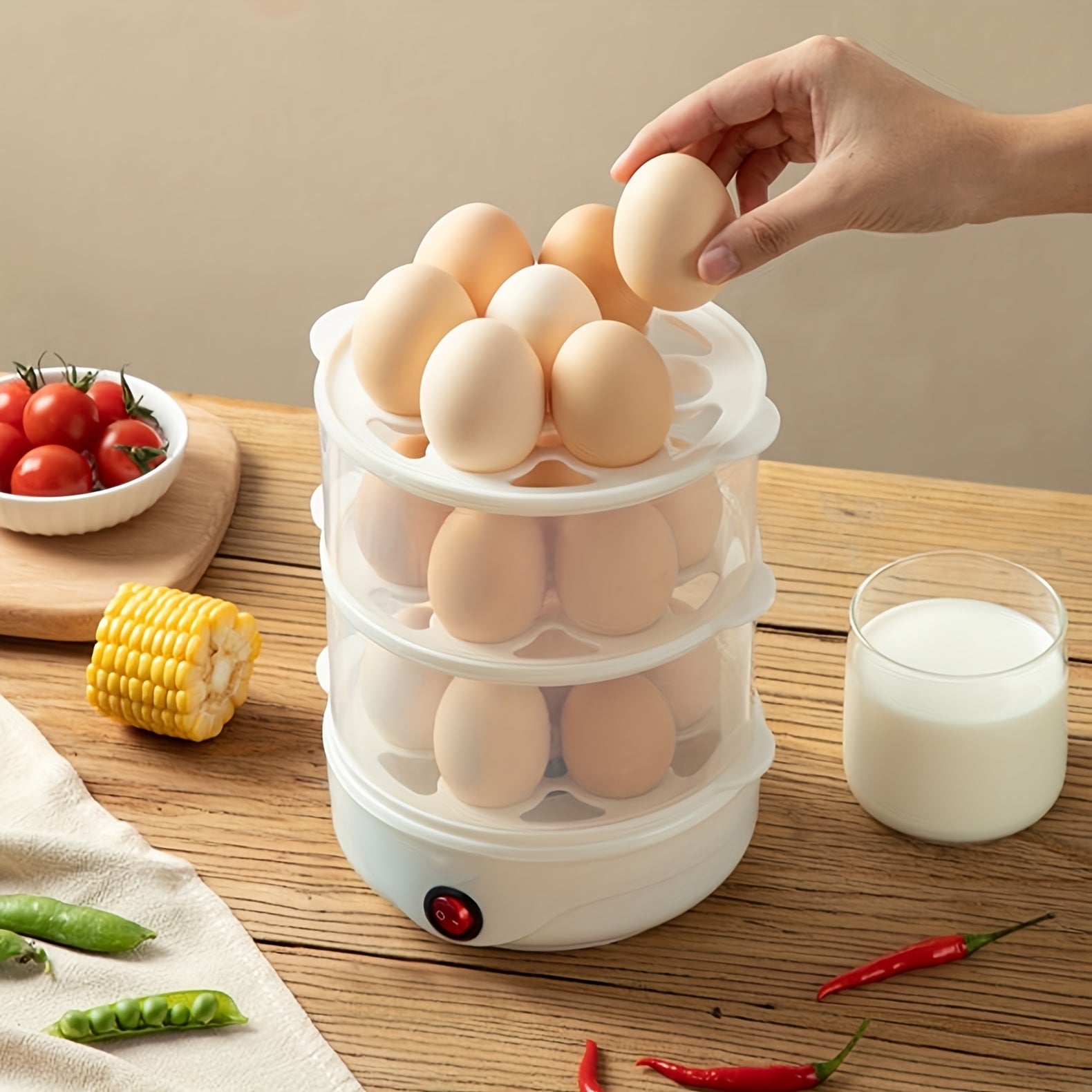 15 ta tuxum uchun elektr tuxum pishirgich, bug'lash, yumshoq, o'rtacha, qattiq qaynatish, qovurish va omlet funksiyasi bilan