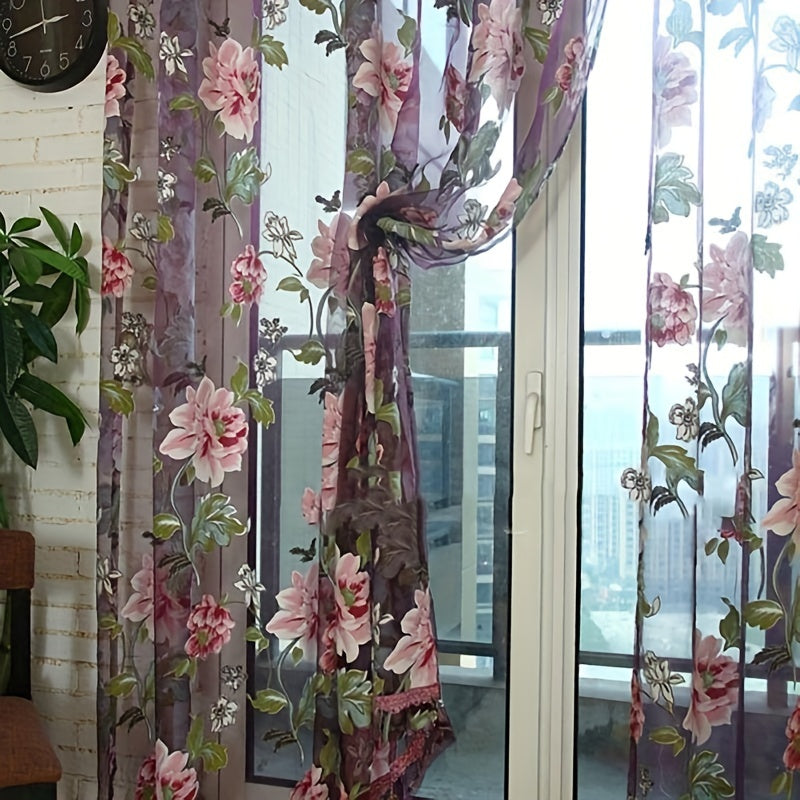 French Country Style Peony Floral Sheer Curtain 100cm x 200cm Rod Pocket Window Treatment for Bedroom and Living Room