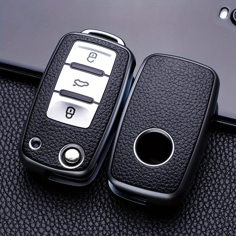 Car Key Protective Cover Leather Grain 3-Button Anti-fall Wear-Resistant