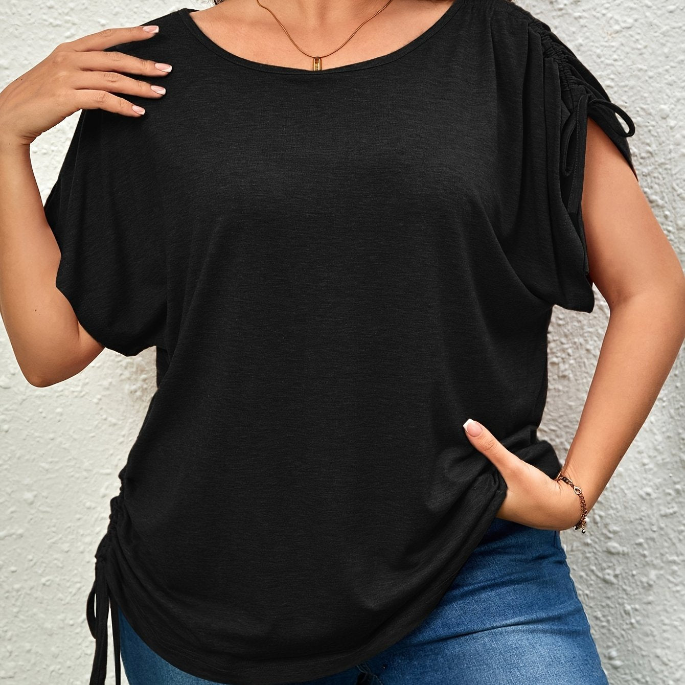 Plus Size Women's Casual T-Shirt with Drawstring Ruched Short Sleeves