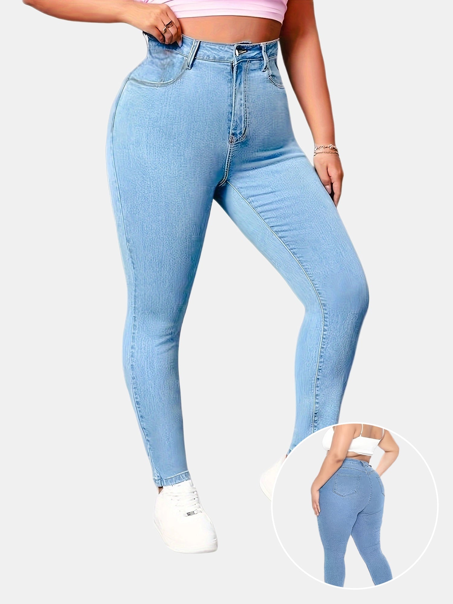 Women's Plus Size Light Blue High-Waist Stretch Straight-Leg Jeans